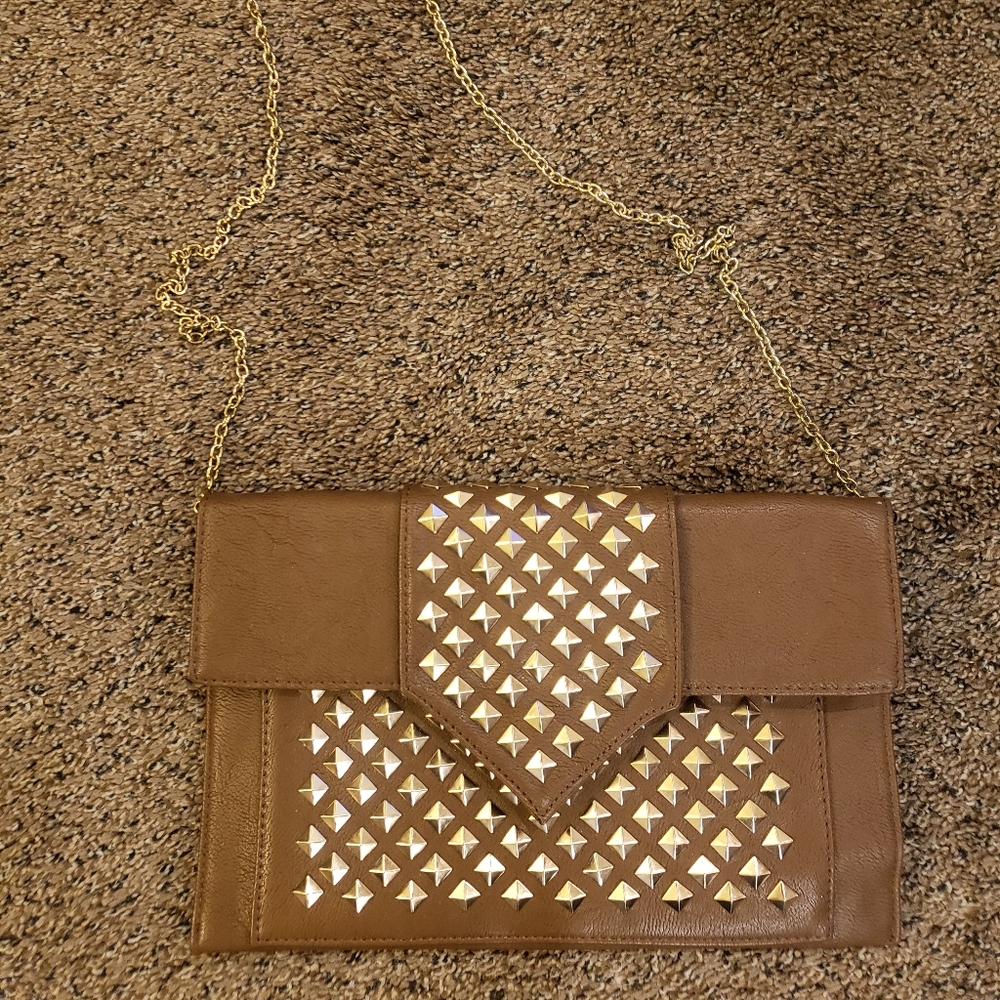 New with tag!  Brown crossbody with gold studs and gold chain